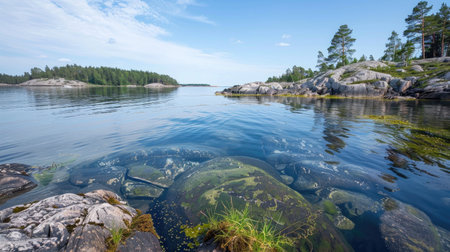 Tranquil lake shimmering in the sunlight, encircled by rugged rocks and lush green trees, creating a peaceful and picturesque scene.の素材