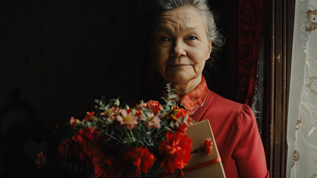 An elderly woman with silver hair delicately holds a box brimming with colorful flowers, radiating joy and tranquility.の素材