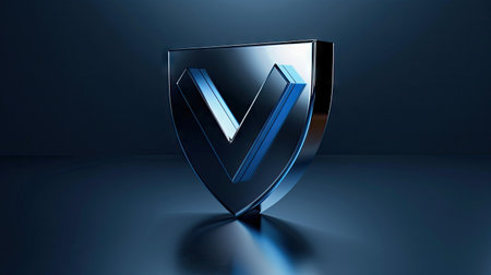 Abstract background with shield and check mark in blue color on dark, representing the concept of technology securityの素材