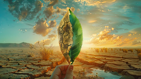 Half of the leaf is dry and dusty, while the other side is green and fresh with water on it. The left part shows a desert environment with cracked earth, while the right one shows a beautiful lake.の素材