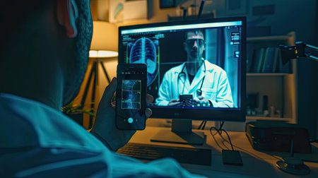 A man immersed in virtual worlds, his face illuminated by the glow of a computer monitor as he interacts with digital data.の素材