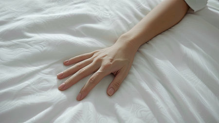 A persons hand peacefully rests on a bed covered with crisp white sheets.の素材