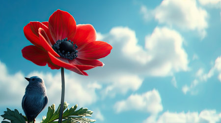 A stunning blue bird delicately sits atop a brilliant red flower, showing natures vibrant colors in perfect harmony.の素材