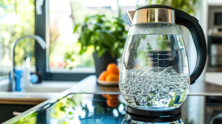 A glass pitcher filled with water, elegantly placed on a counter, creating mesmerizing ripples in the clear liquid.の素材