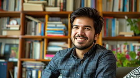 A man sits in front of a vast bookshelf filled with diverse books, immersed in contemplation and surrounded by knowledge.の素材