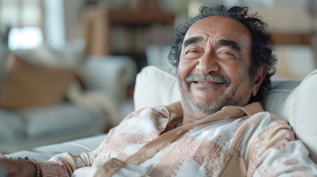 A man is sitting in a chair, looking directly at the camera with a warm and genuine smile on his face.の素材