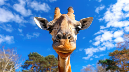 A detailed close-up of a giraffes head and neck, showing its long neck, distinct spots, and curious expression.の素材