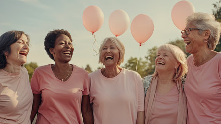 Women taking part in Breast cancer awareness rally.の素材