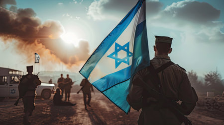 A man stands proudly, holding a flag in front of a group of soldiers in uniform, symbolizing unity and strength.の素材
