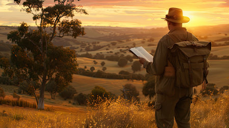 A man standing with a backpack on his back, holding a book in his hands.の素材