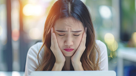 A woman sitting at a table, focused on her laptop screen, typing and working diligently.の素材