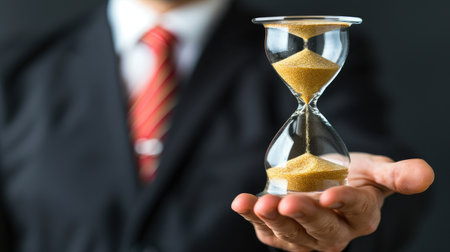 A man in a tailored suit holds a silver hourglass, symbolizing the passage of time and the importance of seizing the moment.の素材