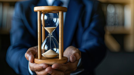 A sophisticated man in a sharp suit gazes at an hourglass, symbolizing the fleeting nature of time and the importance of making each moment count.の素材