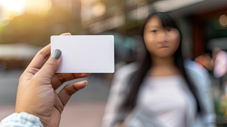 A woman proudly displaying a blank white business card up, showing professionalism and confidence.の素材