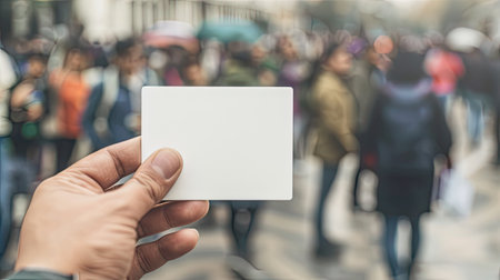 A person stands out in a crowd, holding up a white card, capturing the attention of many surrounding individuals.の素材