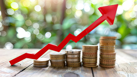 A stack of coins rises with a red arrow on top, symbolizing growth, success, and financial progress.の素材