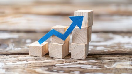 A wooden block with a vibrant blue arrow sitting on top, symbolizing direction and guidance in a creative and artistic way.の素材