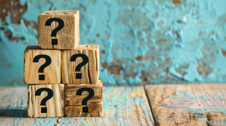 A wooden block with question marks engraved on it, symbolizing mystery, curiosity, and the search for knowledge.の素材