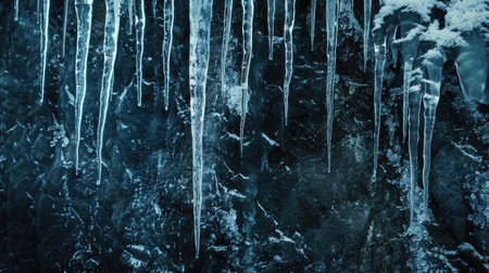 Glittering icicles hang from the rugged mountain, catching the light in a breathtaking cascade of icy beauty.の素材