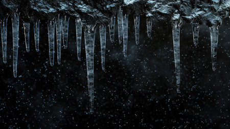 A mesmerizing display of icicles hang delicately from the side of a towering mountain, glistening in the sunlight.の素材