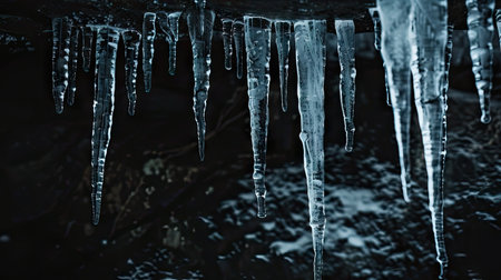 A mesmerizing cluster of icicles gracefully hanging from a roof, catching the light and reflecting a spectrum of colors.の素材