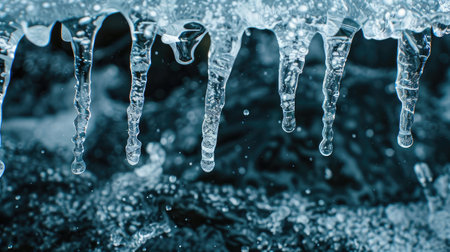 A fascinating sight of a group of icicles hanging gracefully from the side of a building, sparkling in the sunlight.の素材