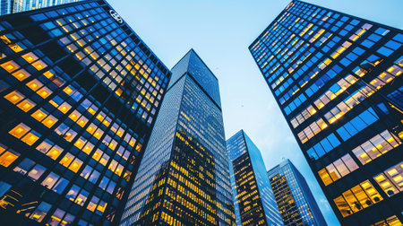 A cluster of towering buildings reaching towards the sky in a bustling cityscape filled with energy and modernity.の素材