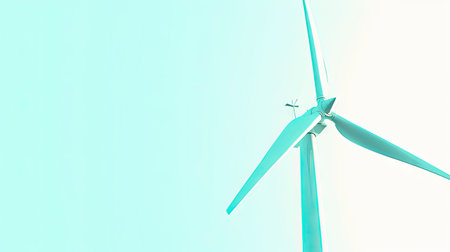A close-up view of a sleek wind turbine spinning gracefully against a vivid blue sky, harnessing the power of the wind.の素材