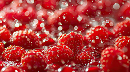 Fresh strawberries are submerged in clear water, their vibrant red hues glistening in the light.の素材