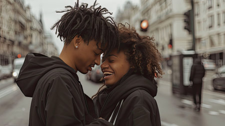 A young couple standing affectionately in the bustling urban street, surrounded by city lights and passing cars.の素材