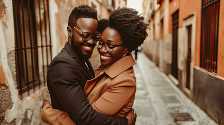 A man and woman sharing a tender embrace in an alleyway, surrounded by urban decay and dim light, expressing love and connection.の素材