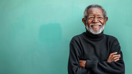 A man with a full beard stands confidently in a black sweater, exuding a mysterious and intriguing aura.の素材