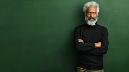 A man stands confidently in front of a vibrant green wall, exuding a sense of strength and determination.の素材