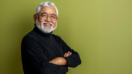 An elderly man with a majestic white beard and round glasses looks wise and contemplative.の素材