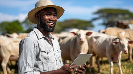 A man standing proudly in front of a herd of cattle, watching over his livestock in a vast countryside landscape.の素材
