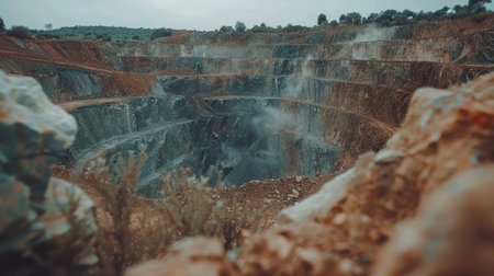 A spectacular view of a vast open pit carved into the majestic mountains, showing the raw power and beauty of natures force.の素材