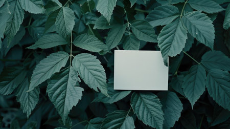 A white piece of paper delicately hangs from a leaf in a mesmerizing and dreamlike scene.の素材
