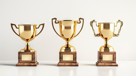 Three golden trophies sitting elegantly on a pure white background, symbolizing achievement and excellence.の素材