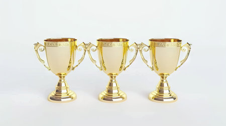 Three gold trophies stand out on a pristine white background, exuding elegance and success.の素材