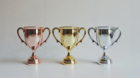 Three trophy cups of different colors - gold, silver, and bronze - gleam against a pristine white backdrop.の素材