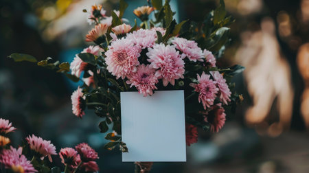 Delicate pink flowers bloom on a tree branch, with a blank card dangling in the wind like a gentle invitation.の素材