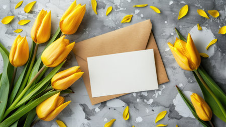 Bright yellow tulips stand elegantly beside a delicate envelope on a serene gray background.の素材