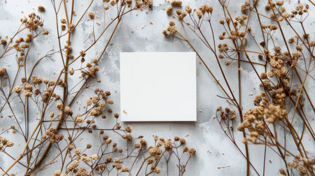A blank white sheet of paper sits peacefully amidst a collection of dried plants, creating a serene and ephemeral scene.の素材