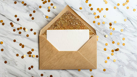 A luxurious envelope covered in shimmering gold confetti, creating a dazzling and celebratory display.の素材