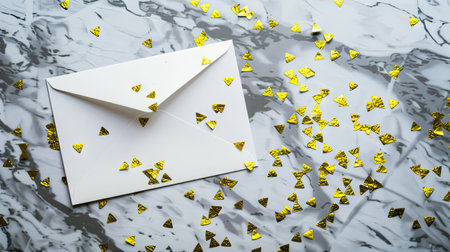 An elegant envelope covered in gold confetti sits on a luxurious marble surface, creating a festive and glamorous atmosphere.の素材