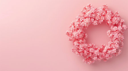 A delicate wreath of pink flowers set against a soft pink background, creating a harmonious and elegant display.の素材