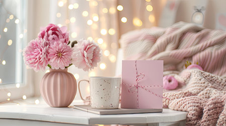 A pink vase filled with blooming flowers sits next to a cup of steaming coffee on a wooden table.の素材