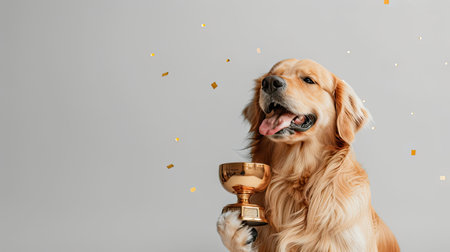 A proud golden retriever holding a gleaming trophy in its mouth, exuding joy and accomplishment.の素材