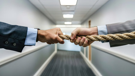 Two businessmen engage in a competitive tug of war, pulling a rope with determination in a corporate hallway.の素材