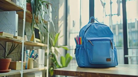 A blue backpack peacefully rests on a weathered wooden table, evoking a sense of wanderlust and adventure.の素材